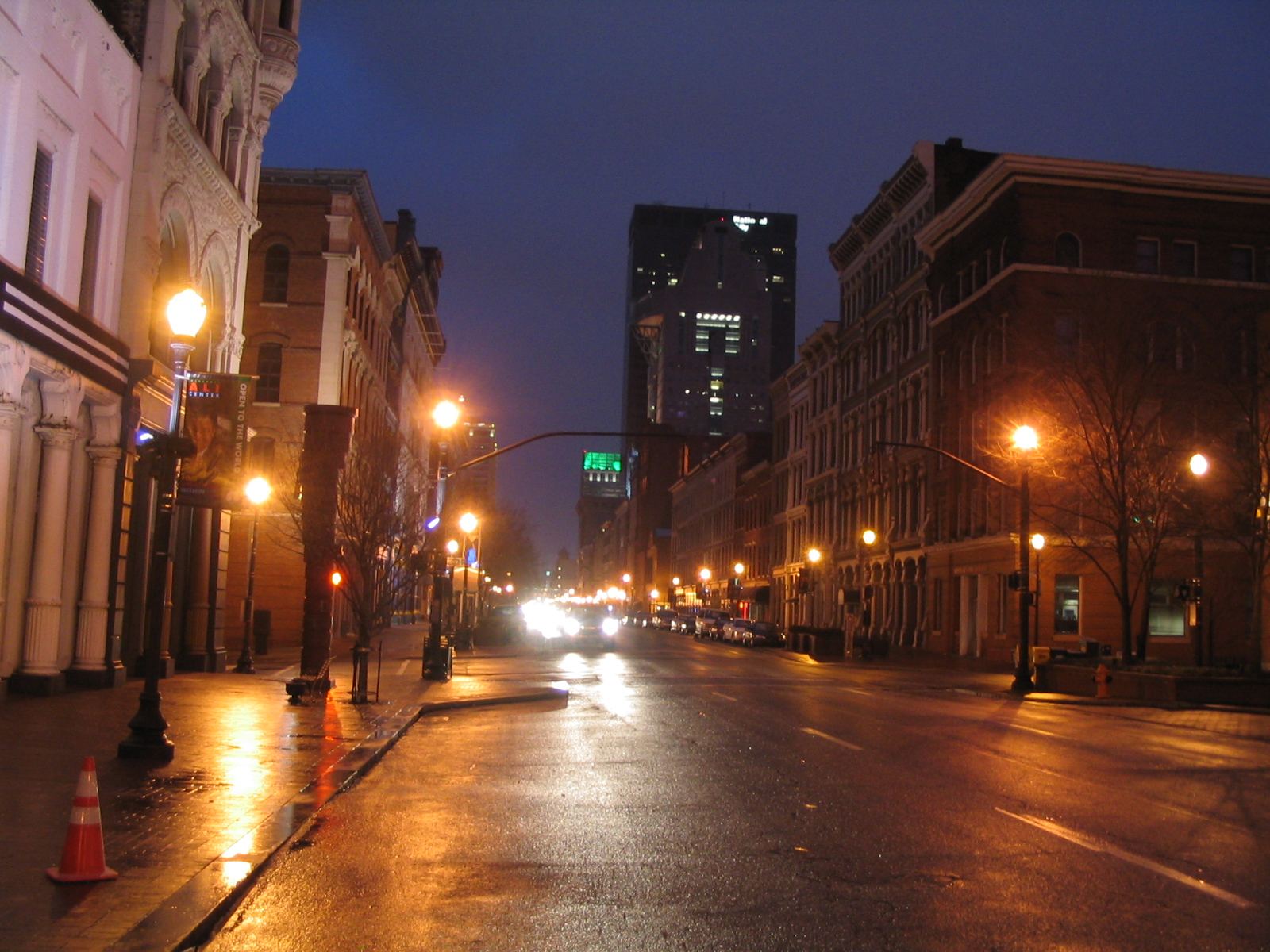 Historic Main Street in downtown Louisville, Kentucky at dusk